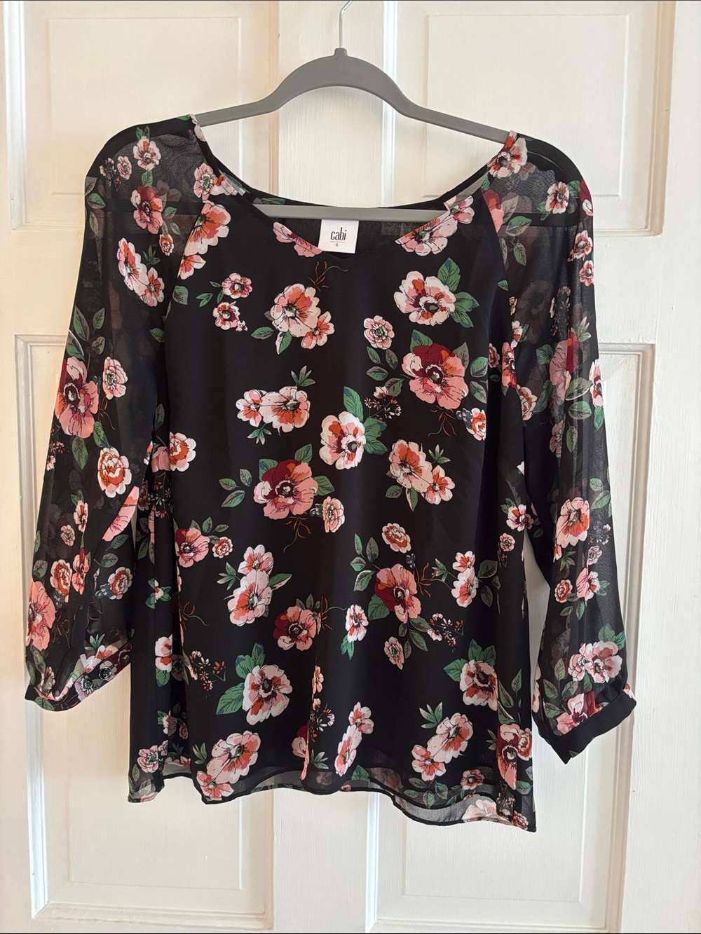 CAbi Black Sheer Floral Blouse with Pink & Coral Blooms